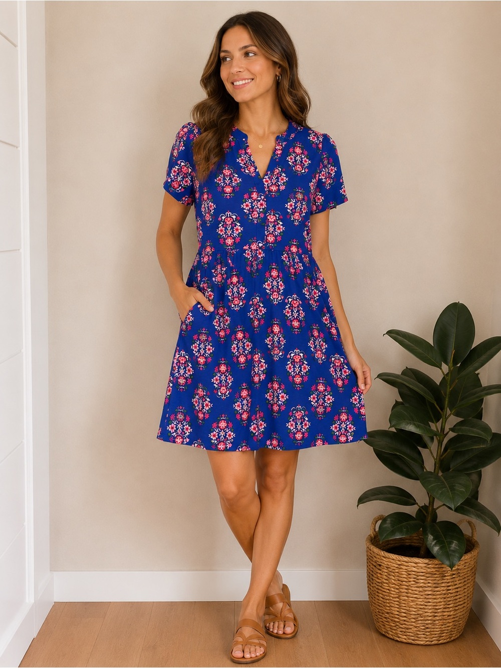 Boden Blue Floral Mini Dress with Pink Accents